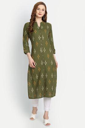 printed cotton v-neck women's casual wear kurti - olive