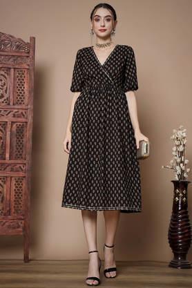 printed cotton v neck women's ethnic dress - black