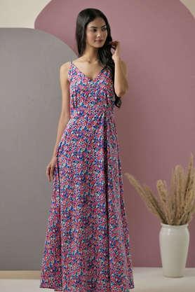 printed cotton v-neck women's maxi dress - pink