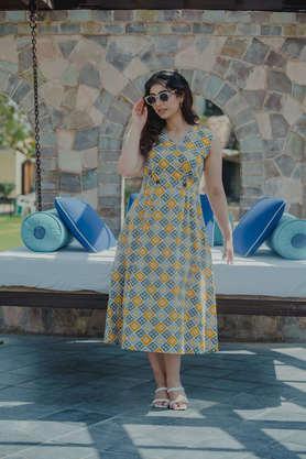 printed cotton v-neck women's midi dress - yellow