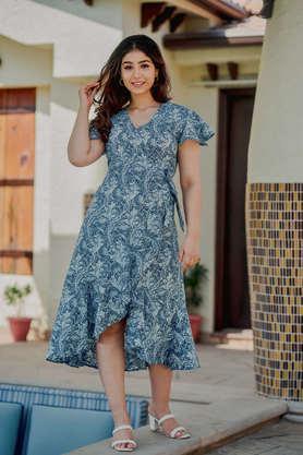 printed cotton v-neck women's mini dress - blue