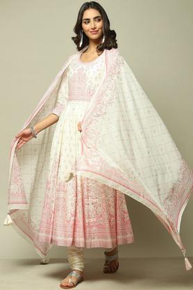 printed cotton v neck women's salwar kurta dupatta set - off white