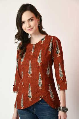 printed cotton v-neck women's top - rust