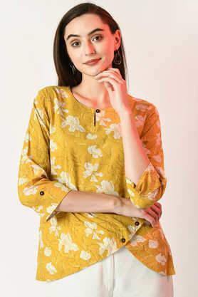 printed cotton v-neck women's top - yellow