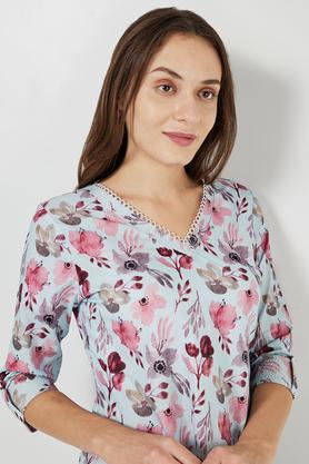 printed cotton v-neck women's tunic - blue