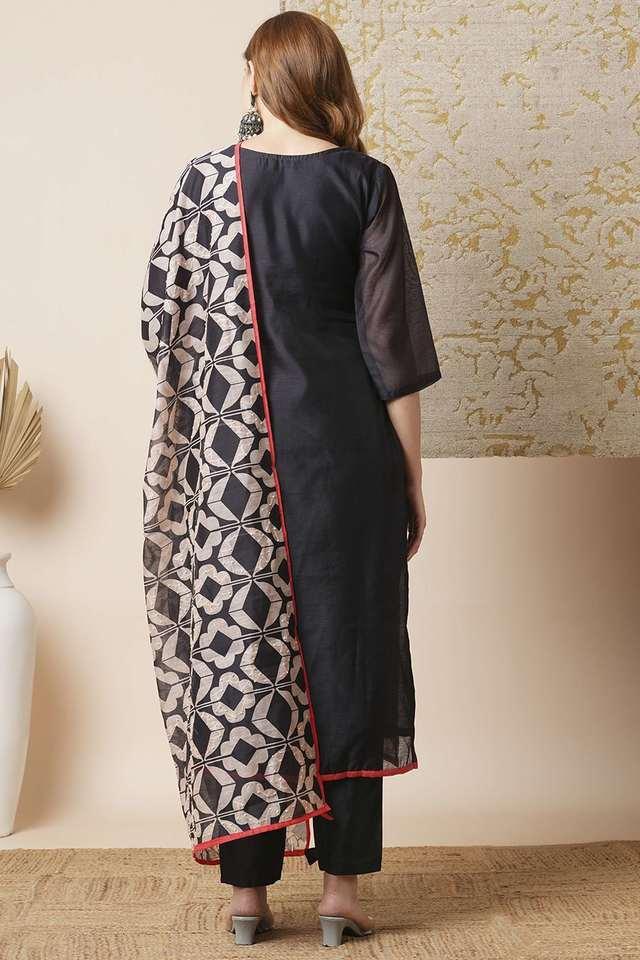 printed cotton v-neck womens kurta with pant and dupatta