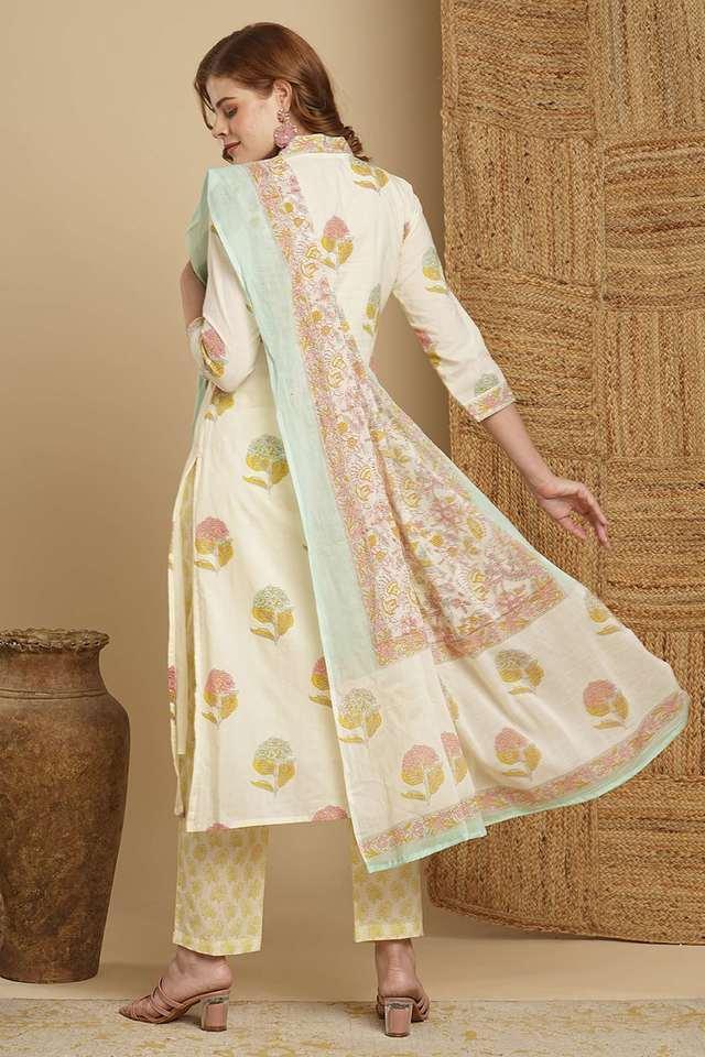 printed cotton v-neck womens kurta with pant and dupatta