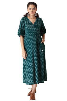 printed cotton v neck womens midi dress - green