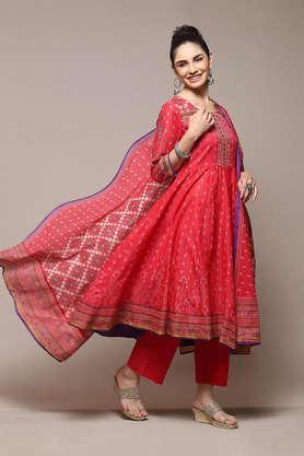 printed cotton woven women's kurta pant set - red