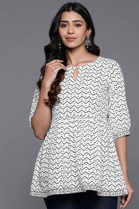 printed cotton woven women's kurta set - white