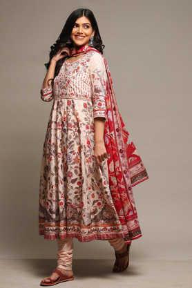 printed cotton woven women's salwar kurta dupatta set - natural