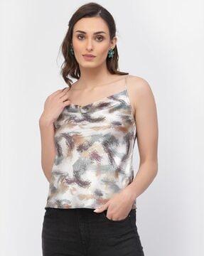 printed cowl-neck strappy top