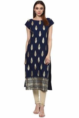 printed crepe boat neck women's straight kurta - blue