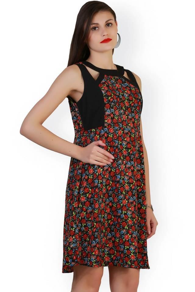 printed crepe boat neck womens knee length dress