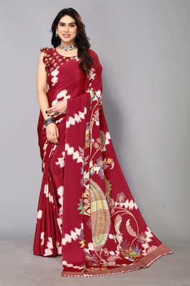 printed crepe designer women's saree with blouse piece - red