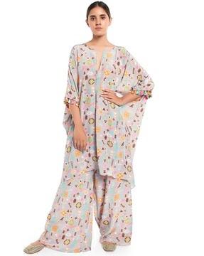 printed crepe kaftan with palazzos & matching reversible 3-ply mask with hairband & pouch