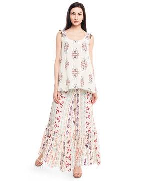 printed crepe kurta with frill palazzos