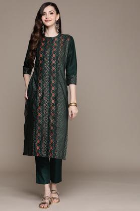 printed crepe mandarin women's kurta pant set - green