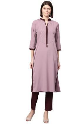 printed crepe mandarin womens kurta and pant set - purple