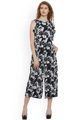 printed crepe regular fit women's jumpsuit - black