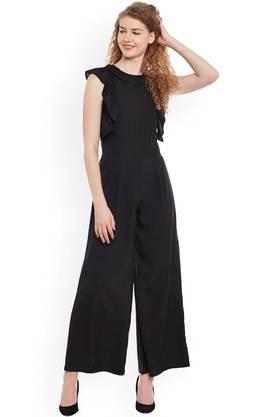 printed crepe regular fit women's jumpsuit - black