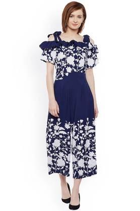 printed crepe regular fit women's jumpsuit - blue