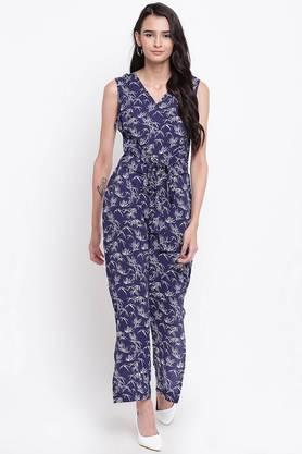 printed crepe regular fit women's jumpsuit - navy