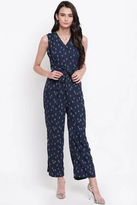 printed crepe regular fit women's jumpsuit - navy