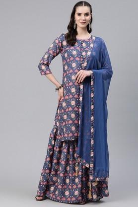 printed crepe regular fit women's kurta set - blue