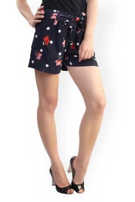 printed crepe regular fit women's shorts - navy