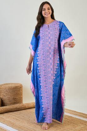 printed crepe round neck women's kaftan - blue