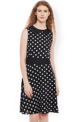 printed crepe round neck women's knee length dress - black