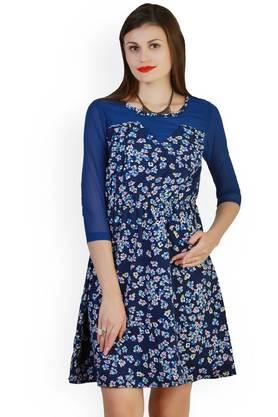 printed crepe round neck women's knee length dress - blue