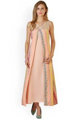 printed crepe round neck women's knee length dress - peach