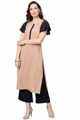 printed crepe round neck women's kurta palazzo set - natural