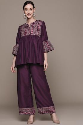 printed crepe round neck women's kurta palazzo set - purple