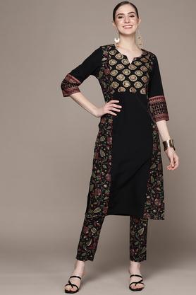 printed crepe round neck women's kurta pant set - black