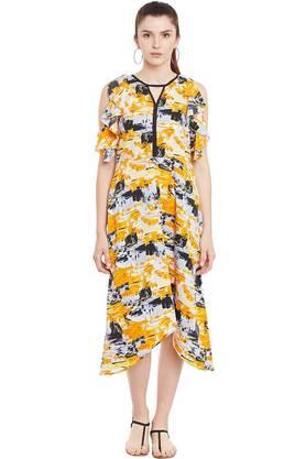 printed crepe round neck women's mini dress - yellow