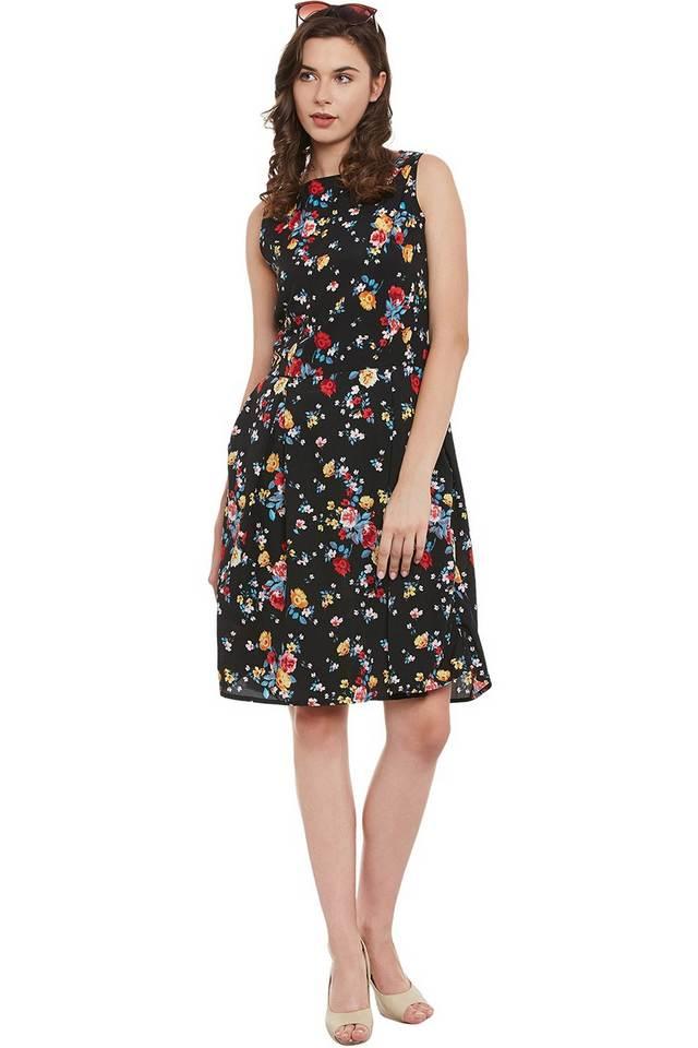 printed crepe round neck womens knee length dress