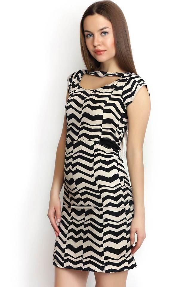 printed crepe round neck womens knee length dress