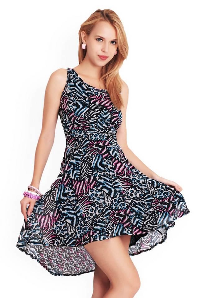 printed crepe round neck womens mini dress