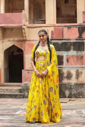 printed crepe scoop neck women's lehenga choli set - yellow