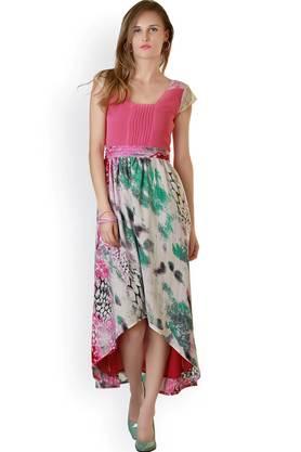 printed crepe square neck women's knee length dress - pink