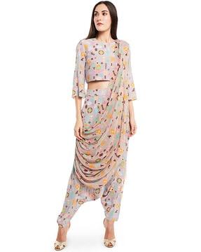 printed crepe top with low crotch pants & art georgette attached drape dupatta