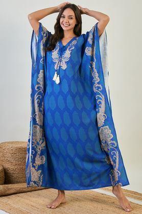 printed crepe v-neck women's kaftan - blue