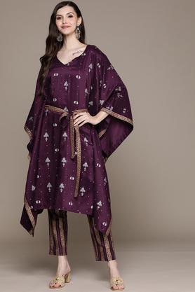 printed crepe v neck women's kurta pant set - purple