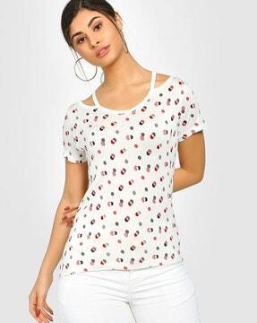 printed crew-neck t-shirt with cutouts