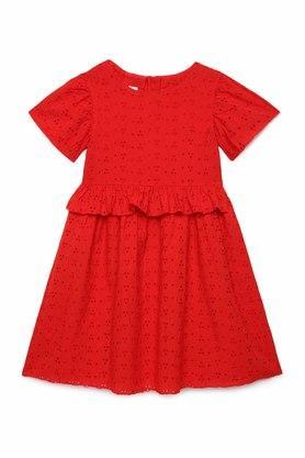 printed crochet round neck girls fusion wear dresses - red