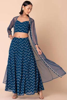 printed crop length chanderi woven women's sharara with strappy top and jacket - blue