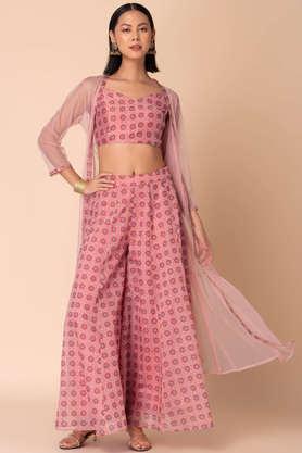 printed crop length chanderi woven women's sharara with strappy top and jacket - pink
